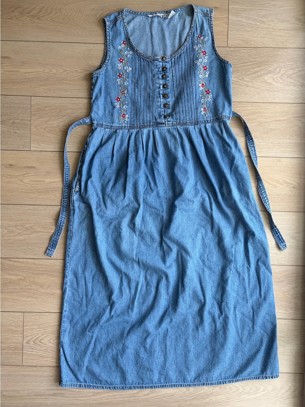 Vintage Jane Ashley Denim Floral Embroidered  Maxi Dress size M